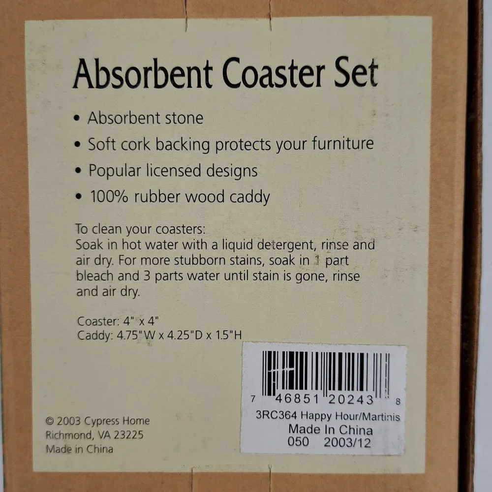 Cypress Absorbent Coasters Happy Hour Martini Design Cork Backing Set Of 4